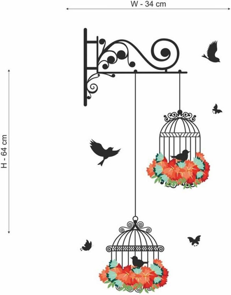 ARS 'Hanging Birds Cage with Flowers' Wall Sticker (PVC Vinyl, 50 cm x 70 cm) Wall Sticker Multicolour. - Image 2