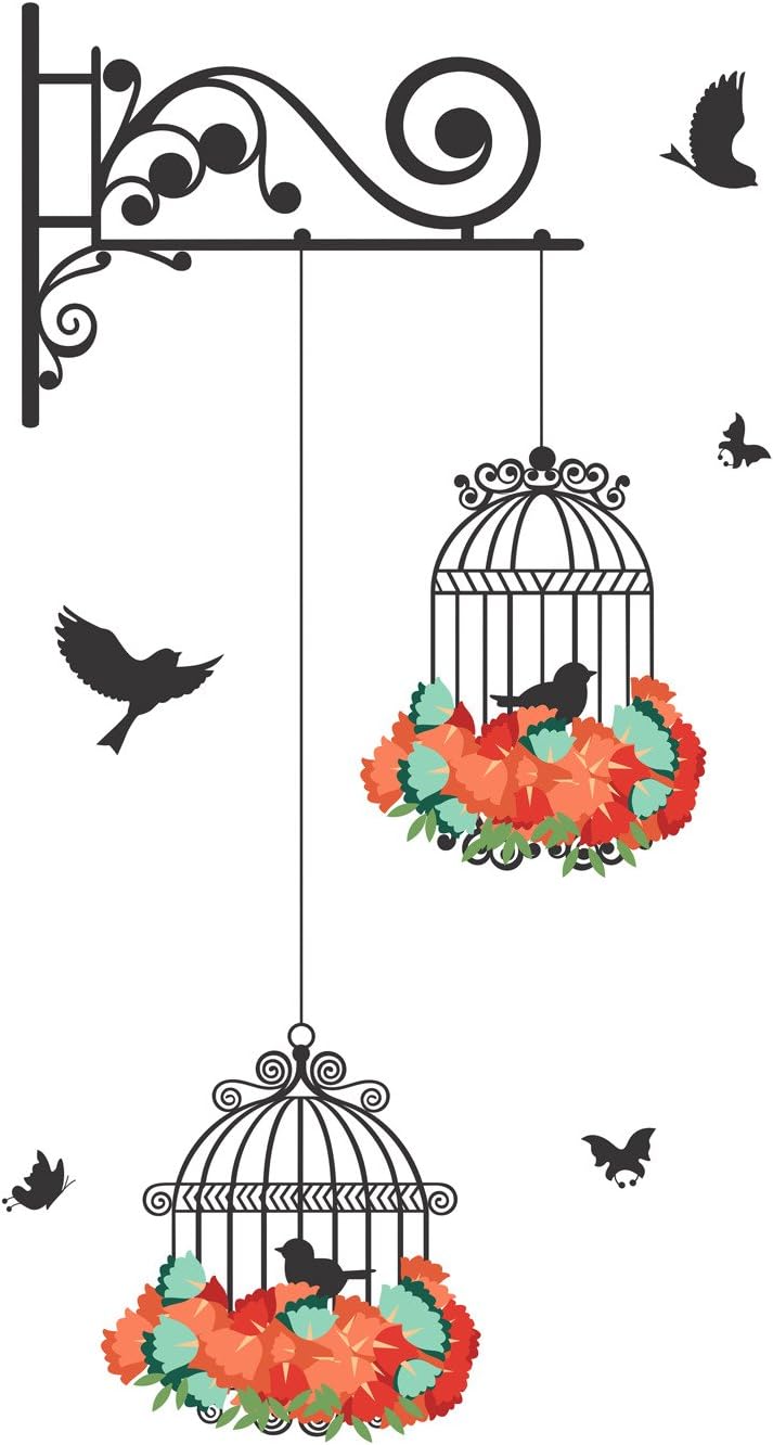 ARS 'Hanging Birds Cage with Flowers' Wall Sticker (PVC Vinyl, 50 cm x 70 cm) Wall Sticker Multicolour. - Image 1