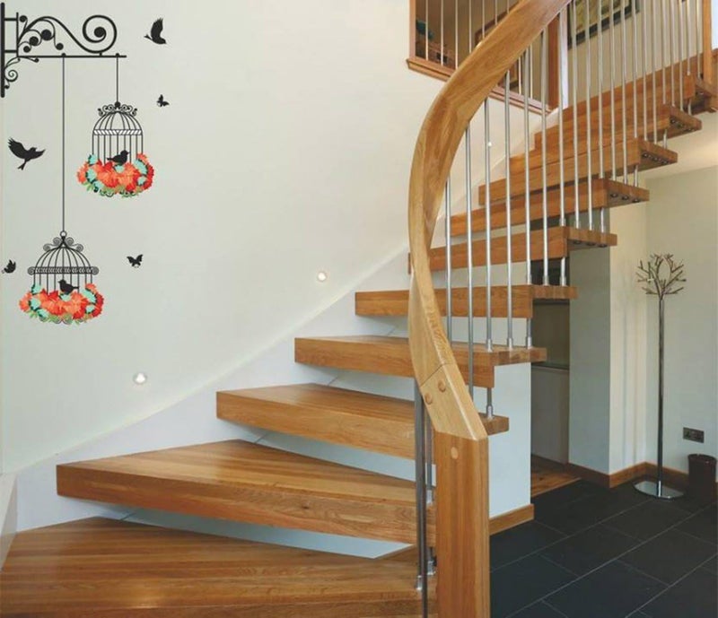 ARS 'Hanging Birds Cage with Flowers' Wall Sticker (PVC Vinyl, 50 cm x 70 cm) Wall Sticker Multicolour. - Image 3