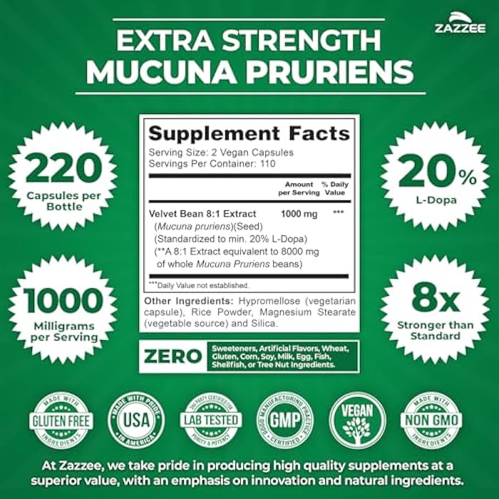 Zazzee Extra Strength Mucuna Pruriens 8:1 Extract, Minimum 20% L-Dopa, 1000 mg, 220 Vegan Capsules, 110 Day Supply, Concentrated and Standardized 8X Extract, 100% Vegetarian, All-Natural and Non-GMO - Image 2