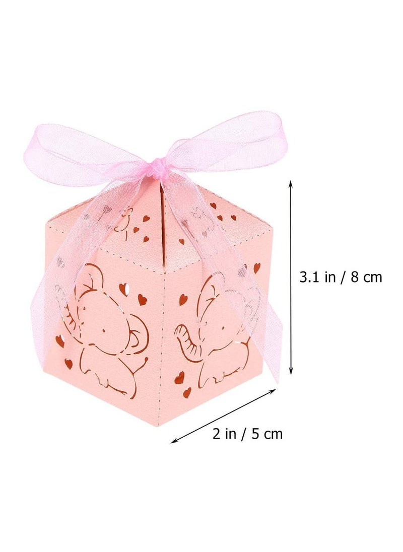 Elephant Candy Box Hollow Out Cartoon Animal Pattern Sweets Snack Chocolate Paper Box with Ribbon Table Centerpiece Decor for Birthday Baby Shower Pink(50pcs)