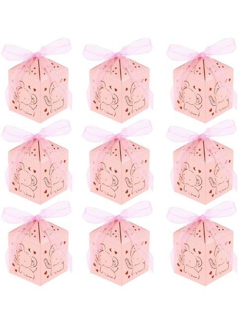 Elephant Candy Box Hollow Out Cartoon Animal Pattern Sweets Snack Chocolate Paper Box with Ribbon Table Centerpiece Decor for Birthday Baby Shower Pink(50pcs)