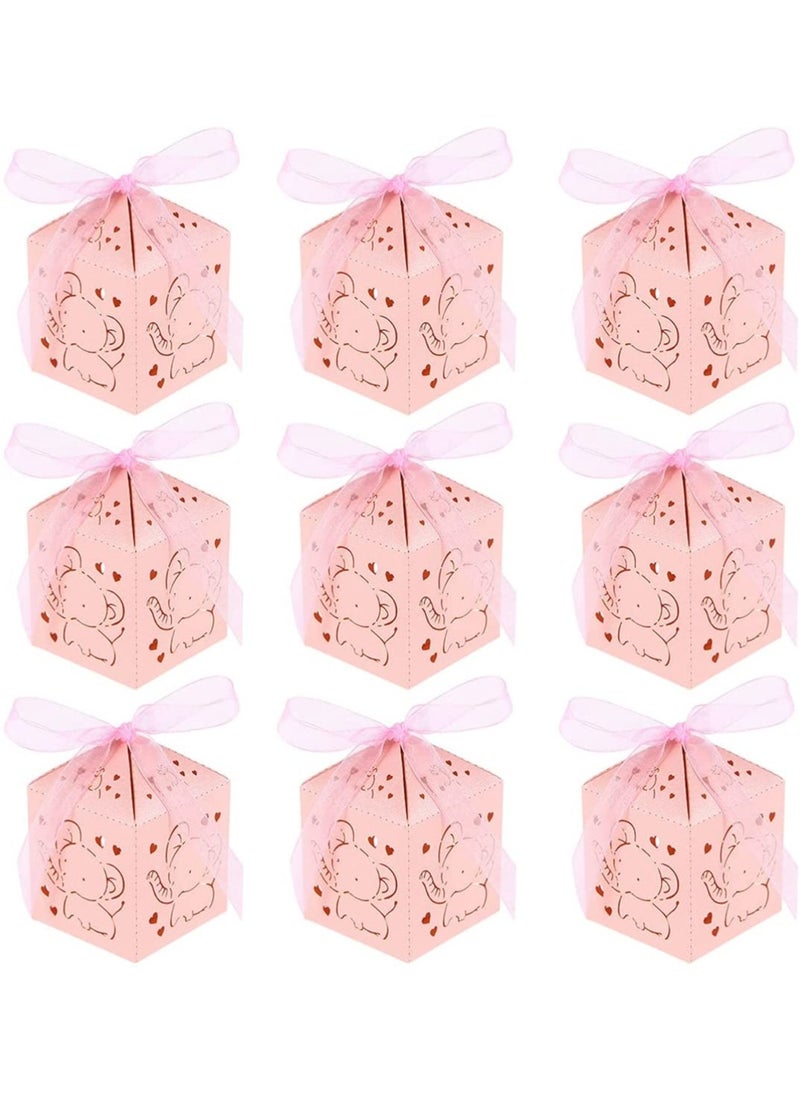 Elephant Candy Box Hollow Out Cartoon Animal Pattern Sweets Snack Chocolate Paper Box with Ribbon Table Centerpiece Decor for Birthday Baby Shower Pink(50pcs)