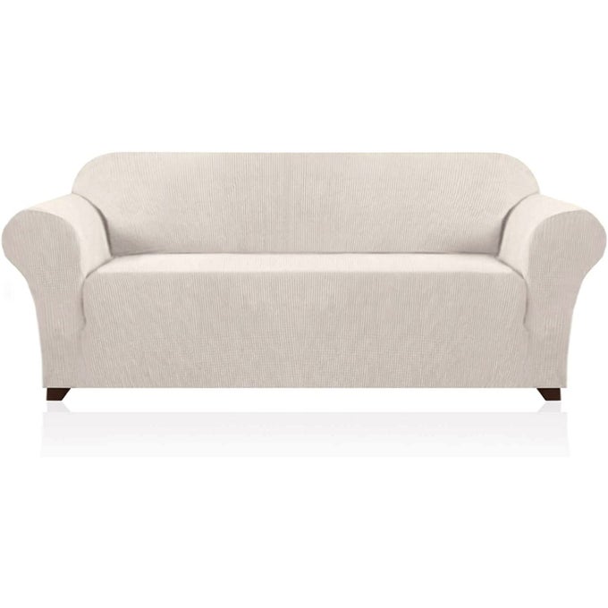 STRETCH SOFA COVER SLIPCOVER COUCH COVERS FOR 3 CUSHION COUCH FURNITURE PROTECTOR SOFA COVERS WITH NON SLIP ELASTIC BOTTOM DOGS PET FRIENDLY FITTED SOFA IVORY