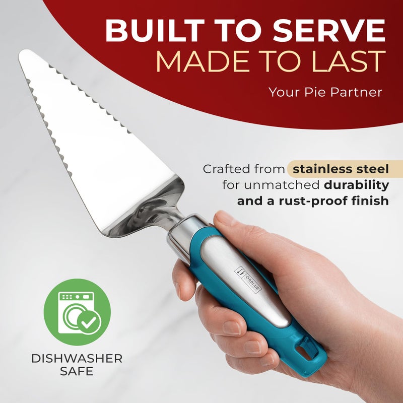 Orblue Pie Server, Essential Kitchen Tool, Serrated on Both Sides, Great for Right or Left Handed Chef, Stainless Steel Flatware, Cake Cutter, Blue - Image 2