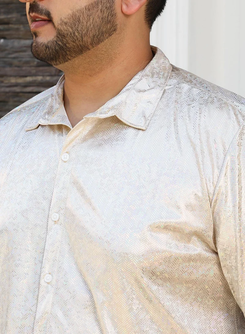 Instafab Plus Instafab Plus Men's Metallic Beige Sheen Chevron Shirt For Casual Wear | Spread Collar | Long Cuffed Sleeves | Button Closure | Plus Size Shirt Crafted With Comfort Fit For Everyday Wear