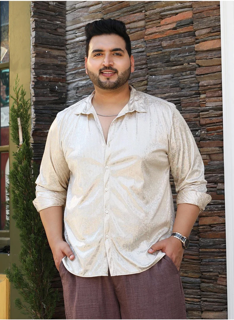 انستافاب بلس Instafab Plus Men's Metallic Beige Sheen Chevron Shirt For Casual Wear | Spread Collar | Long Cuffed Sleeves | Button Closure | Plus Size Shirt Crafted With Comfort Fit For Everyday Wear