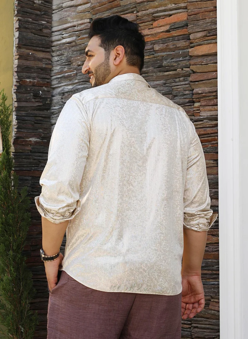 Instafab Plus Instafab Plus Men's Metallic Beige Sheen Chevron Shirt For Casual Wear | Spread Collar | Long Cuffed Sleeves | Button Closure | Plus Size Shirt Crafted With Comfort Fit For Everyday Wear