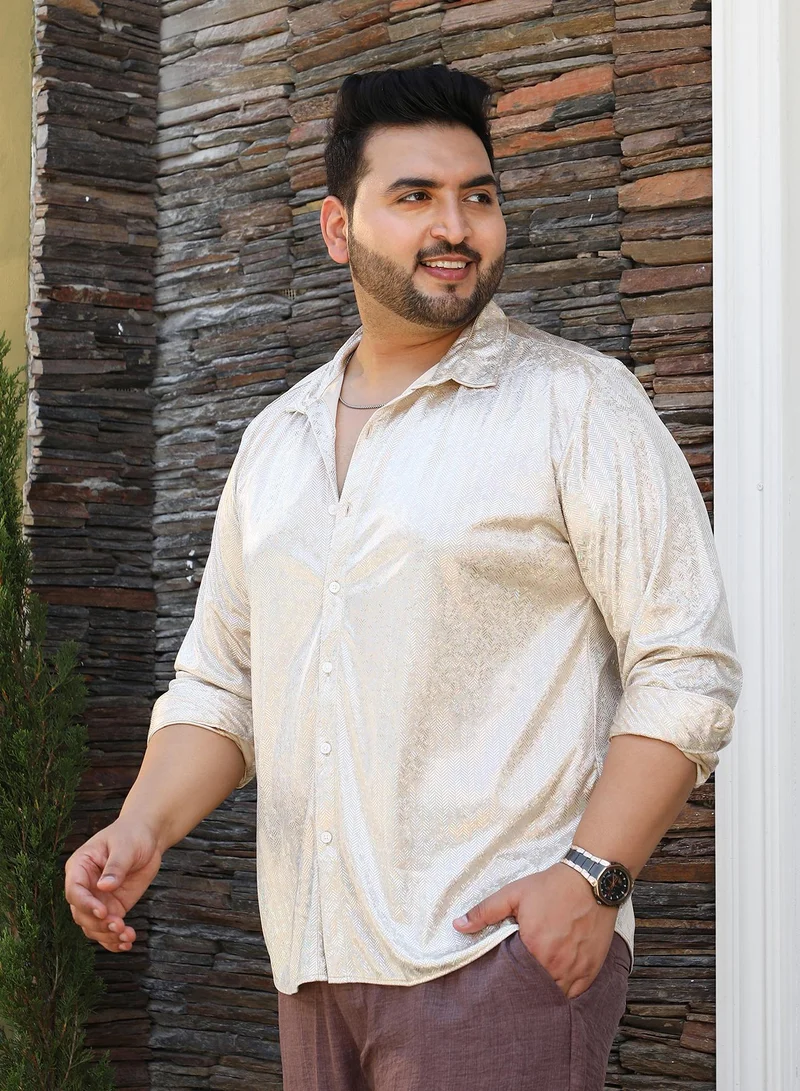 Instafab Plus Instafab Plus Men's Metallic Beige Sheen Chevron Shirt For Casual Wear | Spread Collar | Long Cuffed Sleeves | Button Closure | Plus Size Shirt Crafted With Comfort Fit For Everyday Wear