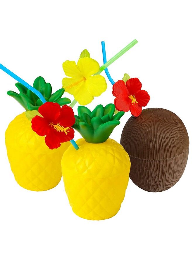 FuturePlusX Tropical Pineapple Coconut Drink Cups 3Pcs Plastic Hawaii Party Cups With Straws For Hawaiian Luau Party Children Summer Beach Party - Image 1