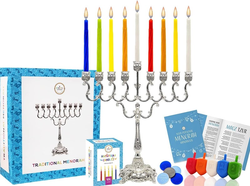 The Dreidel Company Complete Chanukah Menorah Set  SilverPlated and Classic 45 Multicolored Candles 5 Plastic Multicolored Dreidels  Hanukkah Play Coins Hanukkah Booklet Instructions Game Card