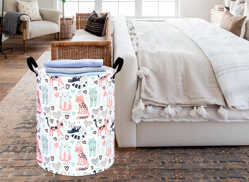 KUNRO Round Cat Laundry Gift Basket Storage Hamper, Clothes Storage Organizer Bins, Shelf Basket with Handles for Room Decor - Image 5
