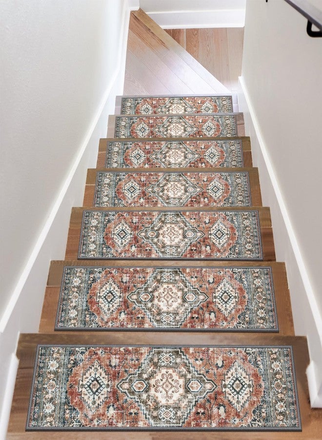 OJIA Stair Treads Non Slip for Wooden Steps Indoor 15PCS Carpet Stair Treads, Rubber Backing Stair Carpet Treads, 8"x30" Staircase Step Treads Edging Stair Rugs for Kids & Pets, Rust Red - Image 1