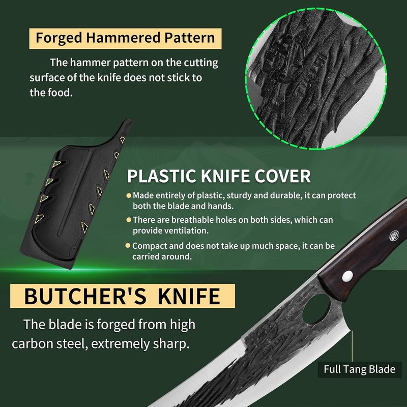 FULLHI Kitchen Knife with Guard, Multi-color Handle 7.59" Chef Knife for Meat Cutting, High Carbon Steel Forged Butcher Full Tang Chef Knife for Outdoor Cooking, Camping BBQ (Brown) - Image 3