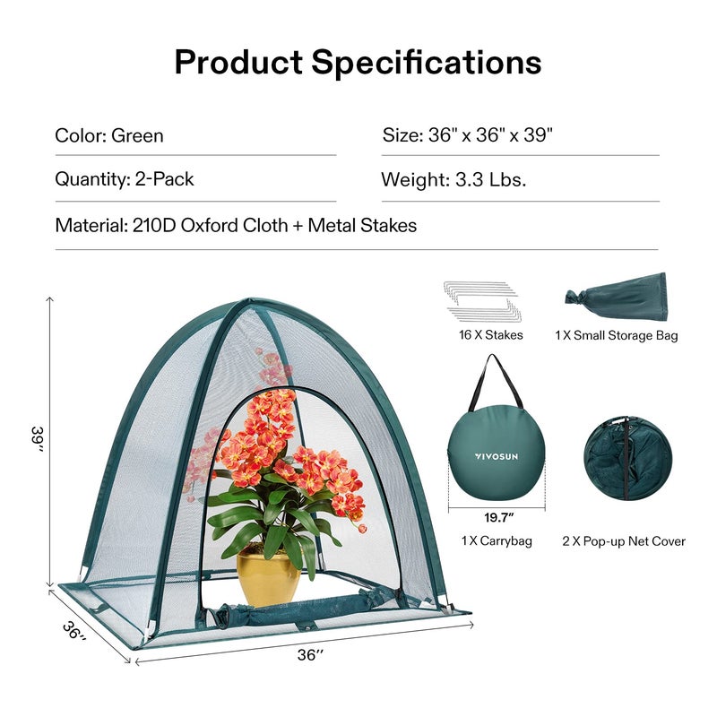 VIVOSUN Garden Netting Cover, 36 x 36 x 39 Inch Pop-up Guard Cover with Zip Entry for Plants, Vegetables, Fruits, Outdoor Run and Enclosure for Small Animals, 2-Pack, Green - Image 5