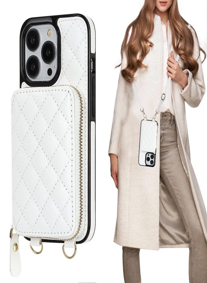 Bocasal Crossbody Wallet Case for iPhone 13 Pro, RFID Blocking PU Leather Zipper Handbag Purse Flip Cover, Kickstand Folio Case with Card Slots Holder Wrist Strap Lanyard 5G 6.1 Inch (White) - Image 1
