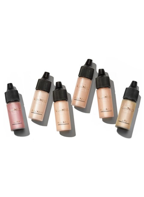 Luminess Silk 4-in-1 Airbrush Foundation Makeup Starter Kit - Medium Coverage, 6-piece - Includes 2x Silk Airbrush Foundation, Blush, Glow Highlighter, Moisturizer Primer & Airbrush Cleaning Solution
