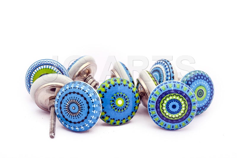 Jgarts Blue Mix Vintage Look Flower Ceramic Knobs Door Handle Cabinet Drawer Cupboard Pull Mandala Xfer New (10) - Image 1