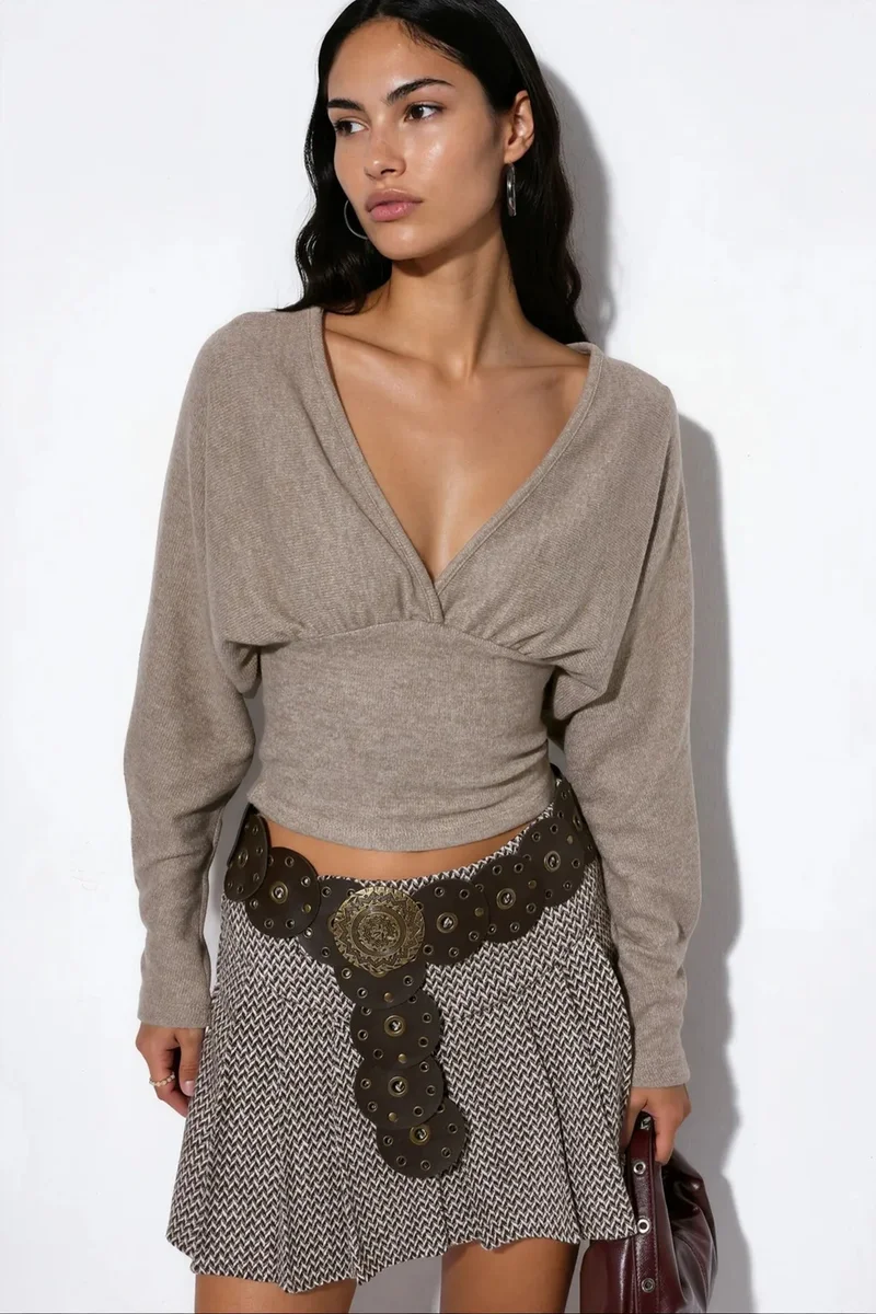 بوسيم BUSEM Women's V-neck Crop Knit Wrap Top