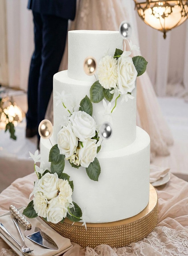 PartyforU Flower Cake Toppers Wedding - 23 Pcs Rustic White Flowers Toppers with Pearls for Bridal Shower Engagement Cake Decorations, Flowers for Anniversary Birthday Cakes Decor - Image 3