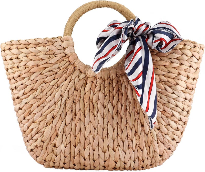 EROUGE Natural Chic Straw Bag Hand Woven Round Handle Handbags Retro Summer Beach Bag - Image 1