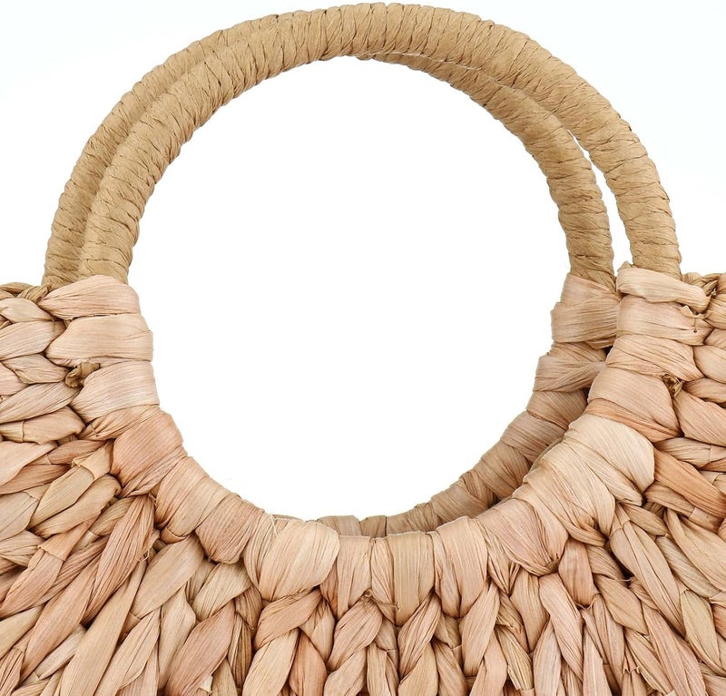 EROUGE Natural Chic Straw Bag Hand Woven Round Handle Handbags Retro Summer Beach Bag - Image 2