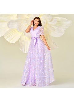 Madam Uniq New Women's High-End Short Sleeve V-Neck Fitted Waist Floral A-Line Evening Gown Dress  - Image 4