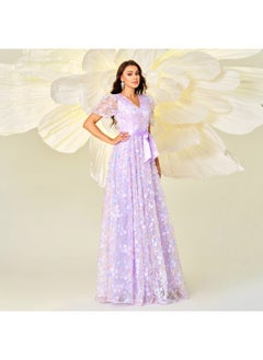 Madam Uniq New Women's High-End Short Sleeve V-Neck Fitted Waist Floral A-Line Evening Gown Dress  - Image 3
