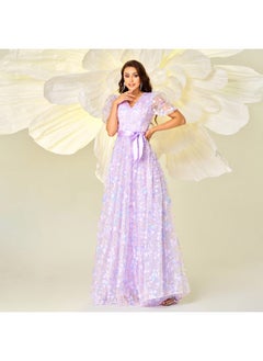 Madam Uniq New Women's High-End Short Sleeve V-Neck Fitted Waist Floral A-Line Evening Gown Dress  - Image 5