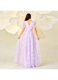Madam Uniq New Women's High-End Short Sleeve V-Neck Fitted Waist Floral A-Line Evening Gown Dress  - Image 2