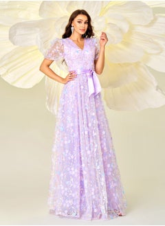 Madam Uniq New Women's High-End Short Sleeve V-Neck Fitted Waist Floral A-Line Evening Gown Dress  - Image 1