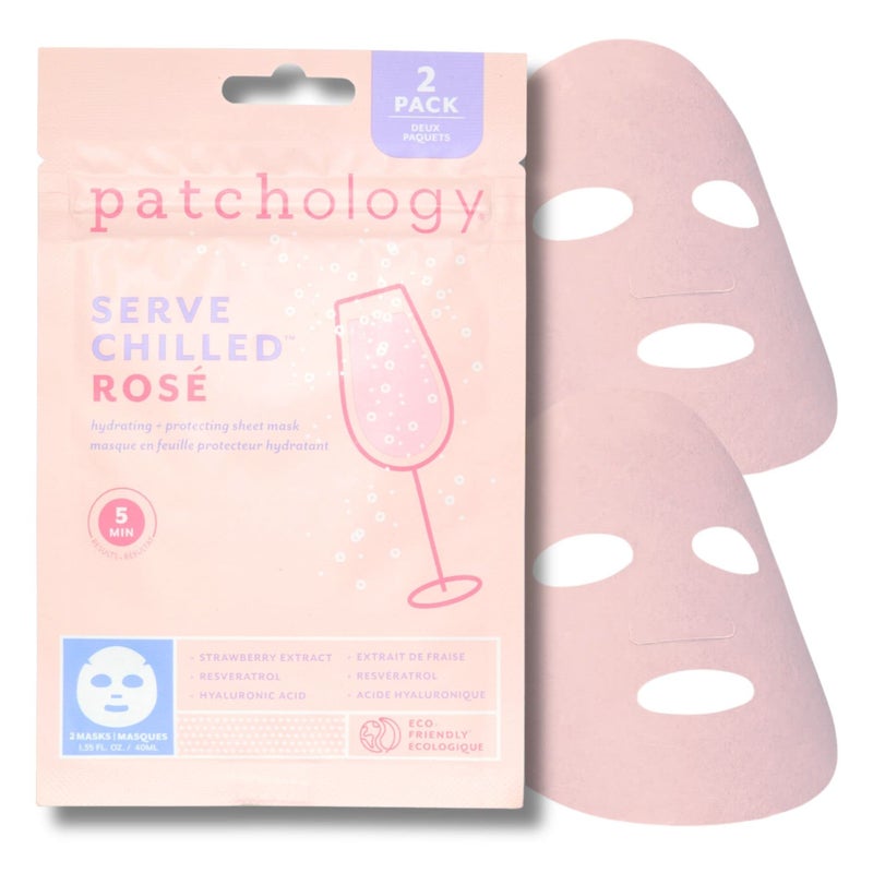 Patchology Serve Chilled RosÃ© Facial Sheet Mask - Hydrating & Soothing Face Mask with Hyaluronic Acid for Glowing Skin, RosÃ© Scented Skin Care Treatment, Self-Care Spa Experience at Home - 2 Pairs - Image 1
