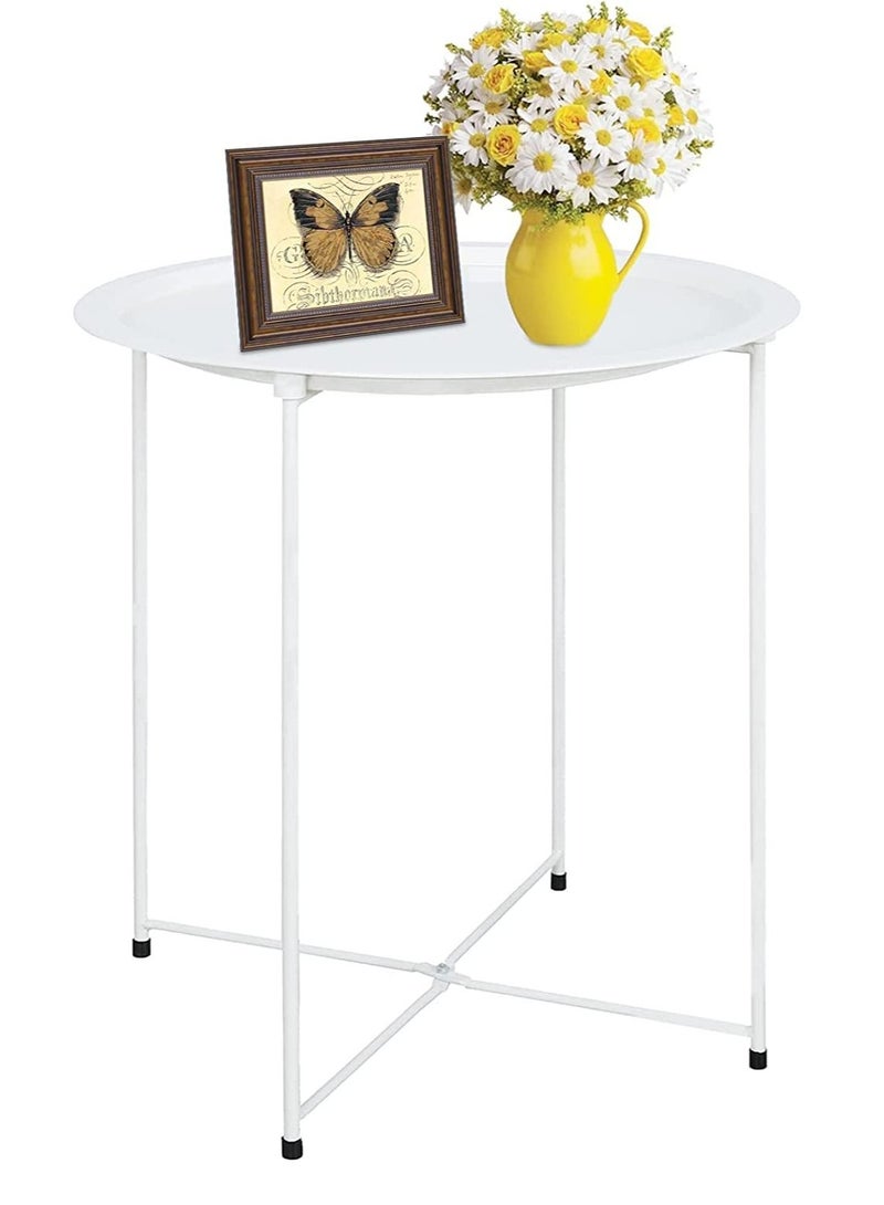 Generic Metal Tray End Table  Round Accent Coffee Side Table Anti-Rust and Waterproof Outdoor Small Side Table, Indoor Modern Sofa Side Table Bedside Table for Living Room Bedroom Balcony (White) - Image 1