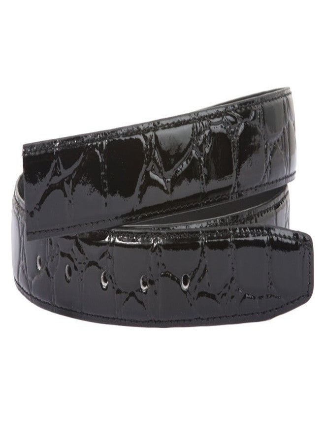 Beltiscool 1 1/8 Inch Clamp On One Size Fits All Feather Edged Croco Print Patent Faux Leather Dress Belt, Black - Image 1
