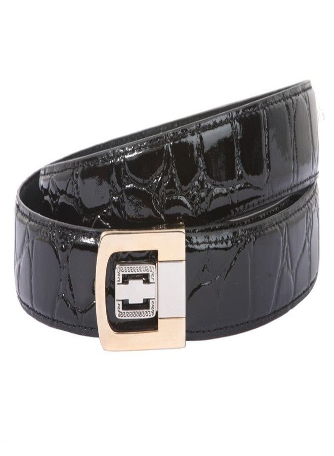 Beltiscool 1 1/8 Inch Clamp On One Size Fits All Feather Edged Croco Print Patent Faux Leather Dress Belt, Black - Image 2