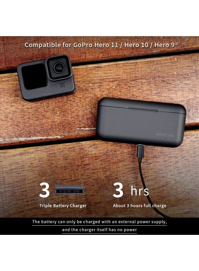 MAXCAM Power Triple Battery Charger for GoPro HERO11/HERO10/HERO9 Enduro Battery Black - Image 2