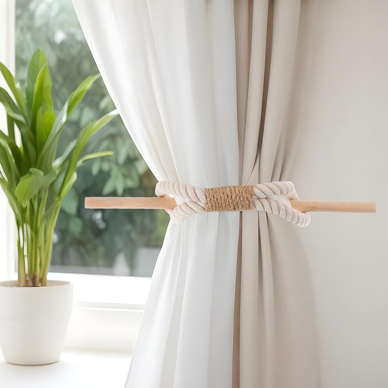 JAZLOG (216107) 2 Pcs Farmhouse Curtain Tiebacks, Boho Rustic Holdbacks for Drapes, Rope Curtain Tie Backs with Wood Club Cotton Jute Rope Curtain Holder Natural Woven Curtain Ties for Home & Office - Image 4
