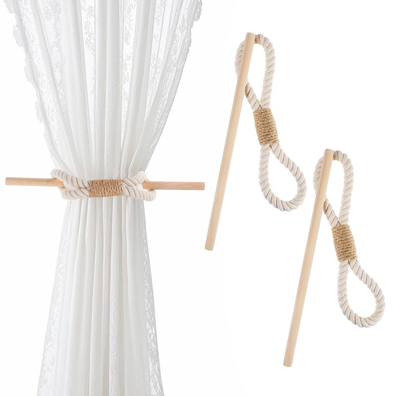 JAZLOG (216107) 2 Pcs Farmhouse Curtain Tiebacks, Boho Rustic Holdbacks for Drapes, Rope Curtain Tie Backs with Wood Club Cotton Jute Rope Curtain Holder Natural Woven Curtain Ties for Home & Office - Image 1