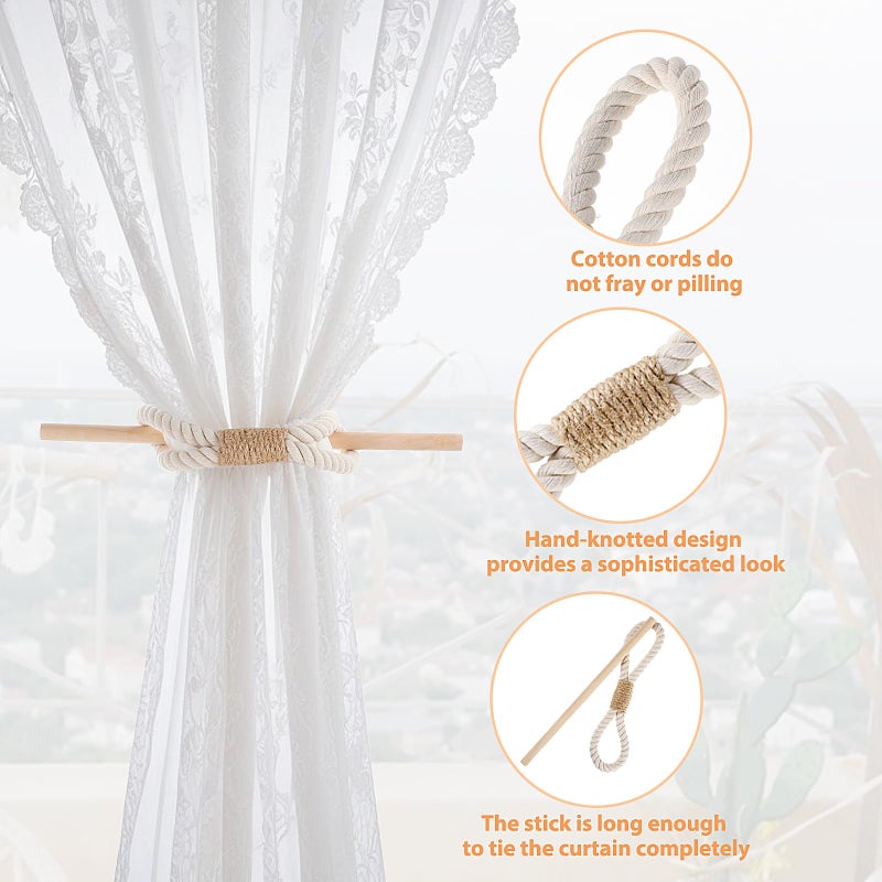 JAZLOG (216107) 2 Pcs Farmhouse Curtain Tiebacks, Boho Rustic Holdbacks for Drapes, Rope Curtain Tie Backs with Wood Club Cotton Jute Rope Curtain Holder Natural Woven Curtain Ties for Home & Office - Image 3
