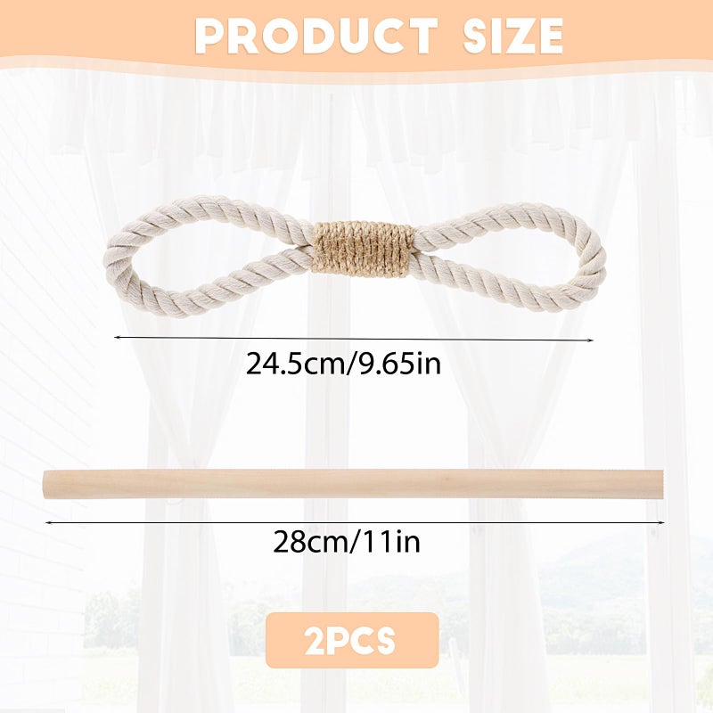 JAZLOG (216107) 2 Pcs Farmhouse Curtain Tiebacks, Boho Rustic Holdbacks for Drapes, Rope Curtain Tie Backs with Wood Club Cotton Jute Rope Curtain Holder Natural Woven Curtain Ties for Home & Office - Image 2