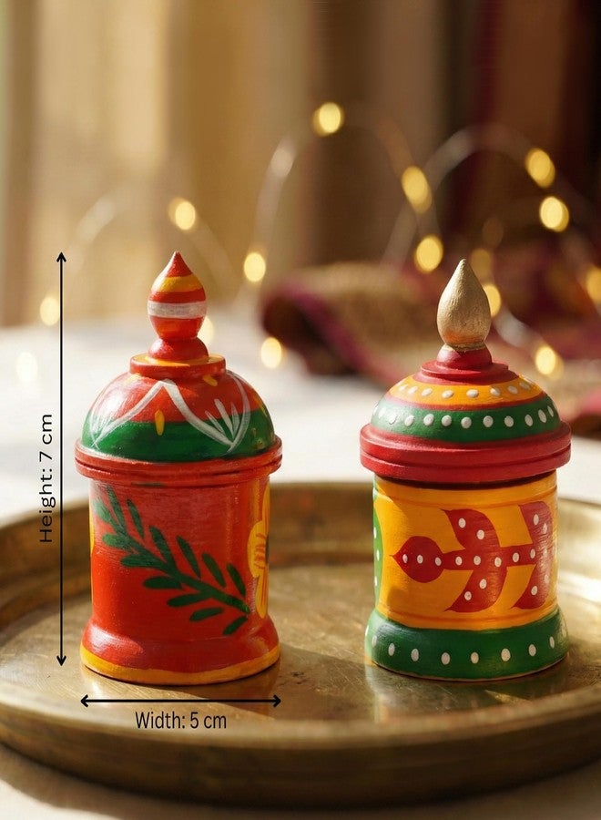 Fine Craft India Wooden Kumkum Box Sindoor Dani - Hand-Painted Multicolor Traditional Sindoor Dibbi Set of 2 Best Gift for Bride (3 Inch Height) Sindoor_Dibbi003 - Image 2