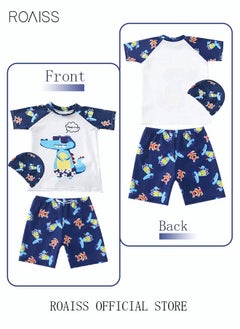 roaiss 3 Piece Kids Swimsuit with Cap Set Toddler Boys Cartoon Crocodile Print Swimwear Children Swimming Trunks Short Sleeves Clothing Beachwear Bathing Suit for Summer Blue/White  - Image 3