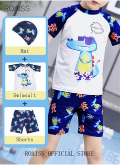 roaiss 3 Piece Kids Swimsuit with Cap Set Toddler Boys Cartoon Crocodile Print Swimwear Children Swimming Trunks Short Sleeves Clothing Beachwear Bathing Suit for Summer Blue/White  - Image 1