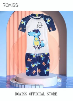 roaiss 3 Piece Kids Swimsuit with Cap Set Toddler Boys Cartoon Crocodile Print Swimwear Children Swimming Trunks Short Sleeves Clothing Beachwear Bathing Suit for Summer Blue/White  - Image 2