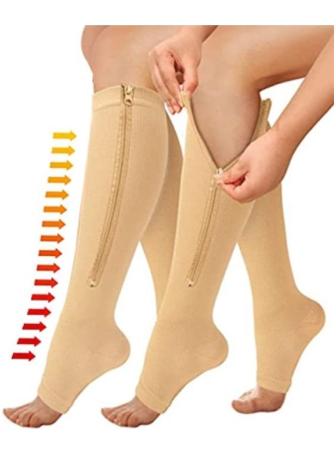 Compression Socks for Women & Men with Zipper, 2 Pairs  Open Toe Calf Knee High Compression Stocking,Beige - Image 1