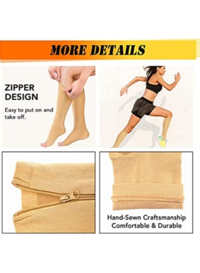 Compression Socks for Women & Men with Zipper, 2 Pairs  Open Toe Calf Knee High Compression Stocking,Beige - Image 4