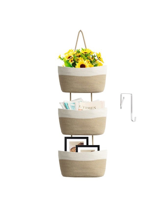 TeoKJ 3 Packs Woven Storage Baskets Cotton Rope Decorative Hamper Storage Box Storage Organizer for Diaper, Blankets, Magazine and Keys-White&Jute - Image 1