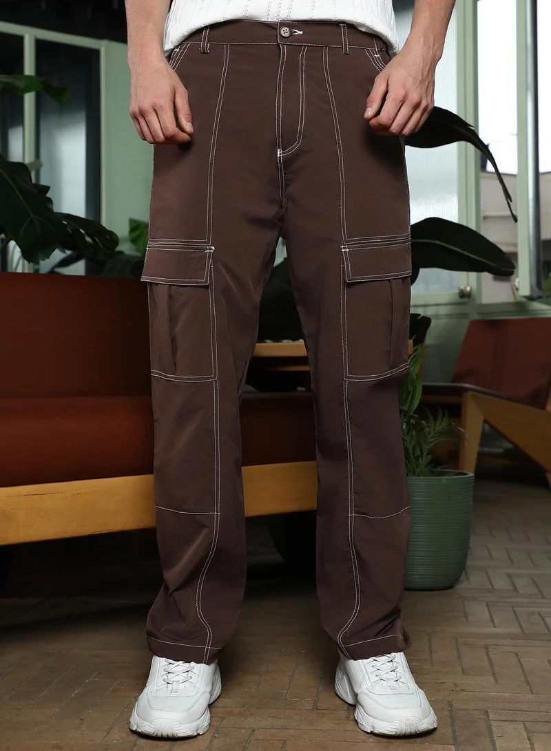 Campus Sutra Men Contrast-Stitch Utility Trousers | Mid-Rise, Straight-Fit | Button Closure, Straight Hem | Solid Plain Woven Fabric For Casual & Daily Wear | Chocolate Brown