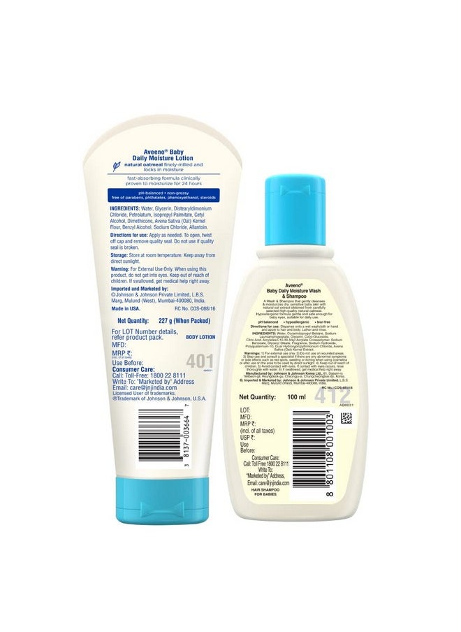 Aveeno Baby Combo Pack Aveeno Baby Daily Moisture Lotion (227G) + Wash And Shampoo (100Ml) | With Natural Oat Extract | Hypoallergenic, Pediatrician Recommended | Cleanses, Nourishes, Soothes & Protects Baby'S Sensitive Skin  - Image 2