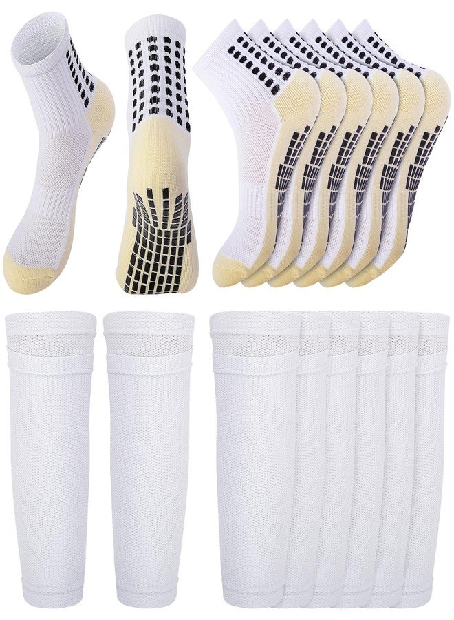 Shupakul 4 Set Grip Soccer Socks with Shin Guard Sleeves,Anti-Slip Soccer Sock Shin Guard Sleeve for Teens Men Women,White Non-Skid Athletic Socks Shin Guard for Sport Training Athletics - Image 1